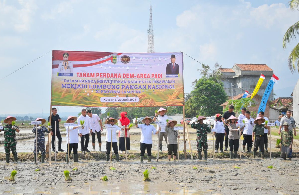 Tanam Perdana Dem Area Padi, Kemenhan RI Kunjungi Pesawaran